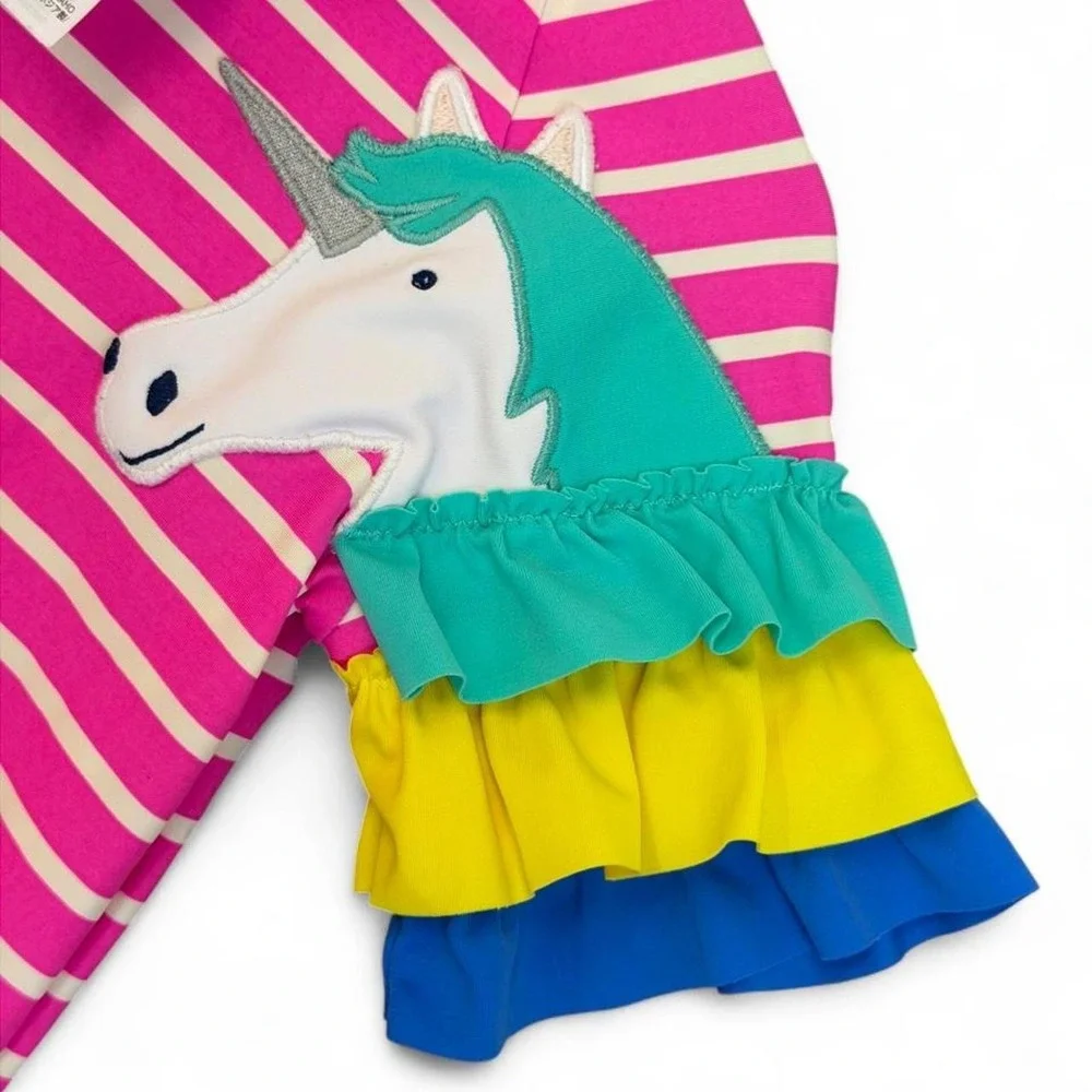 Mini Boden Girl's Pink Stripe Unicorn Appliqué Rash Guard Swim Top | Size 4-5